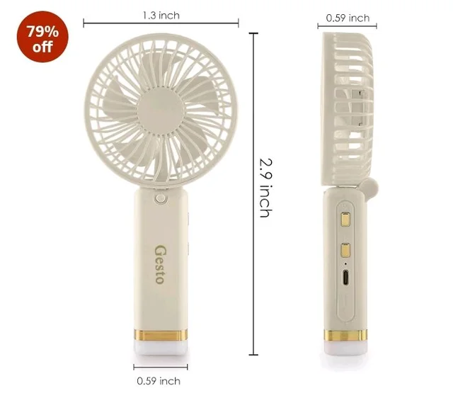 Gesto Portable Fan Rechargeable with LED Light – Foldable Mini Fan, Small Fan,USB Charging Hand Fan with 1200mAh Battery & 3 Speed Modes | Travel, Makeup, Kitchen,Women’s Personal Pankhaa - White
