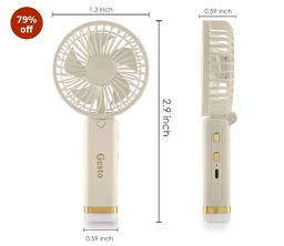 Gesto Portable Fan Rechargeable with LED Light – Foldable Mini Fan, Small Fan,USB Charging Hand Fan with 1200mAh Battery & 3 Speed Modes | Travel, Makeup, Kitchen,Women’s Personal Pankhaa - White