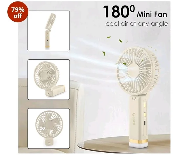 Gesto Portable Fan Rechargeable with LED Light – Foldable Mini Fan, Small Fan,USB Charging Hand Fan with 1200mAh Battery & 3 Speed Modes | Travel, Makeup, Kitchen,Women’s Personal Pankhaa - White