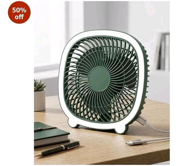Portable Rechargeable USB Desk Fan with LED Light and Adjustable Speeds Quiet Personal Cooling Fan for Office Study Table Home Travel Compact Lightweight High Speed Mini Desktop Fan White Small Size