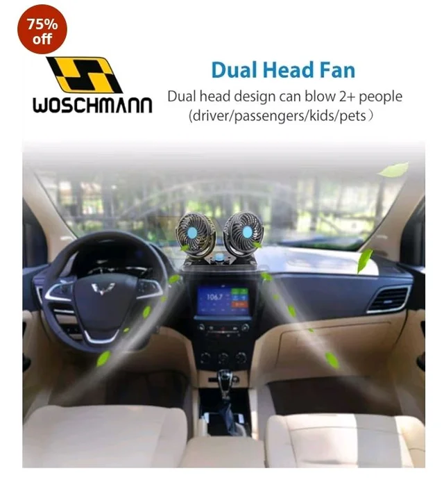 Woschmann Mitchell 12V DC Electric Car Fan for Dashboard, Double Head Cooling Electric Fan, 360 Degree Rotatable Small Fan for Car with 2 Speed Control, ABS Plastic, Dashboard Fan