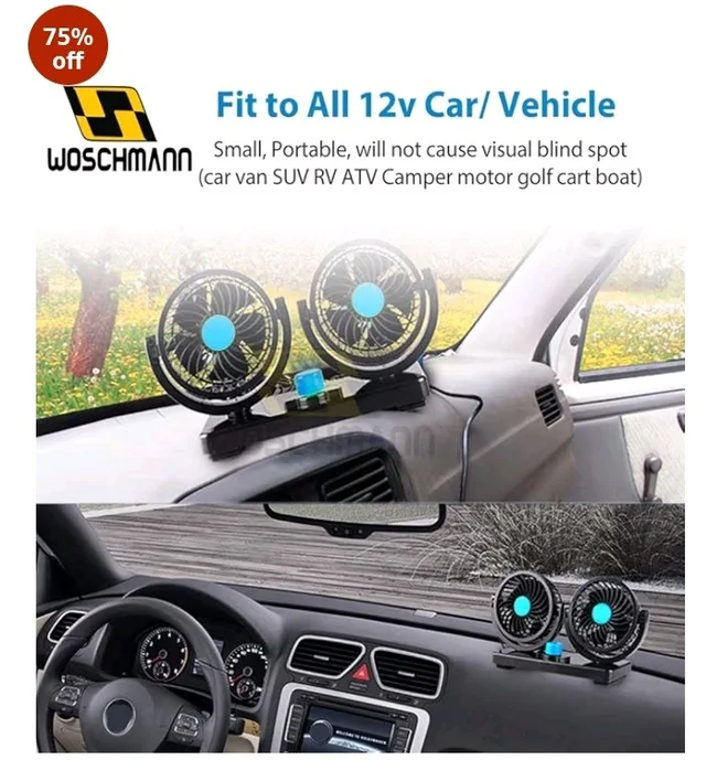 Woschmann Mitchell 12V DC Electric Car Fan for Dashboard, Double Head Cooling Electric Fan, 360 Degree Rotatable Small Fan for Car with 2 Speed Control, ABS Plastic, Dashboard Fan