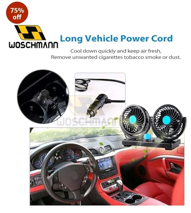 Woschmann Mitchell 12V DC Electric Car Fan for Dashboard, Double Head Cooling Electric Fan, 360 Degree Rotatable Small Fan for Car with 2 Speed Control, ABS Plastic, Dashboard Fan