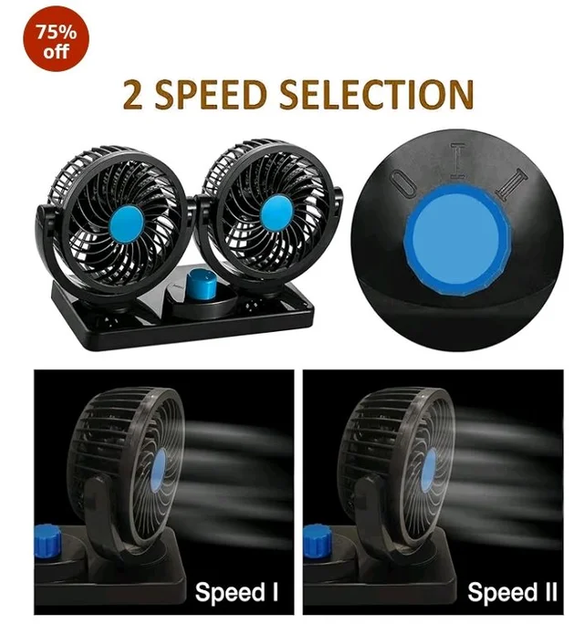 Woschmann Mitchell 12V DC Electric Car Fan for Dashboard, Double Head Cooling Electric Fan, 360 Degree Rotatable Small Fan for Car with 2 Speed Control, ABS Plastic, Dashboard Fan