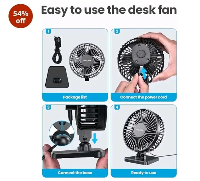 Gaiatop Small Desk Fan, 4.5 Inch Portable 3 Speeds Wind Desktop Table Cooling Fan in Single Button, Adjustment Mini Personal Fan for Home Desktop Office Car Outdoor, Black (Not Battery)