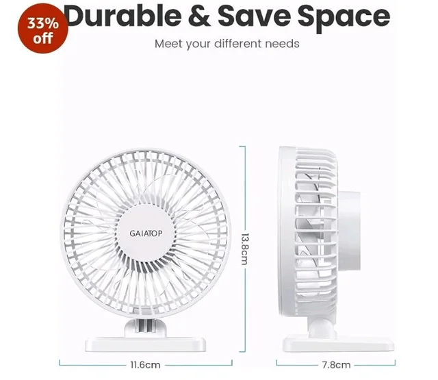 Gaiatop Small Desk Fan, Portable 3 Speeds Wind Desktop Table Cooling Fan in Single Button, Adjustment Mini Personal Fan for Home Desktop Office Car Outdoor (White)