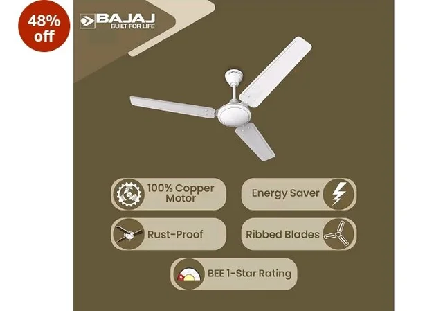 Bajaj Frore 1200 MM (48") Stars Rated Ceiling Fans for Home | BEE 1 star Rated Energy Efficient Ceiling Fan | Rust Free Coating for Long Life | High Air Delivery | 2-Yr Warranty 【White】
