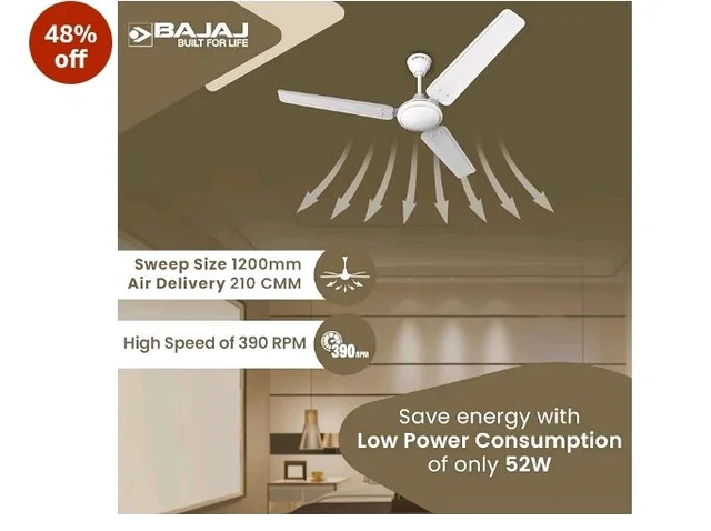 Bajaj Frore 1200 MM (48") Stars Rated Ceiling Fans for Home | BEE 1 star Rated Energy Efficient Ceiling Fan | Rust Free Coating for Long Life | High Air Delivery | 2-Yr Warranty 【White】