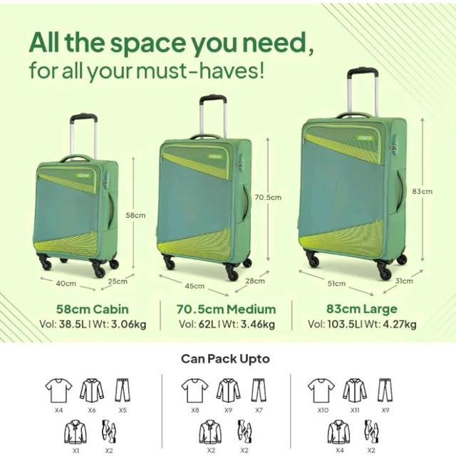 American Tourister Mystic | Cabin Trolley Bag (58 cm) | 360° 4 Wheel Travel Luggage | 1 Compartments | Soft Luggage Polyester Expandable Suitcase | Combination Lock | 3 Years Warranty | Piquant Green