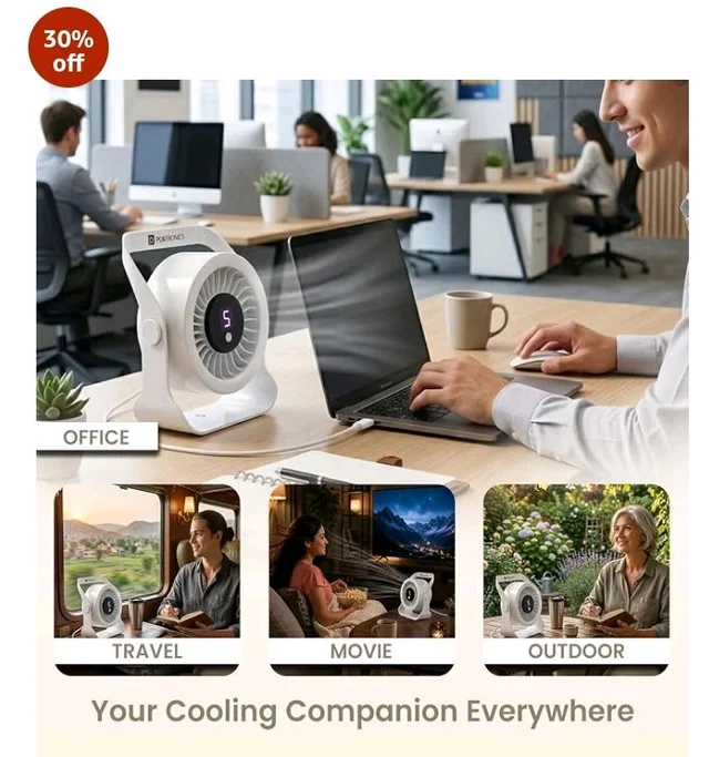 Portronics Toofan X Lite USB Powered Table & Hanging Fan, 5 Adjustable Speed Modes, 3200 RPM High-Speed BLDC Motor, 7-Blade Airflow, 360° Rotatable Head, Portable Cooling Fan for Home & Office