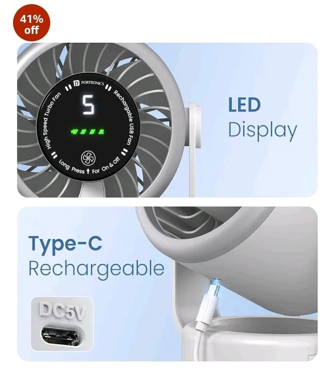 Portronics Toofan X Desk & Hanging Fan with Digital Display, 5 Speed Modes, Touch Control, 4000mAh Rechargeable Battery, 2500 RPM BLDC Motor, Type-C Charging, 7-Blade Airflow, Up to 6 Hours Runtime