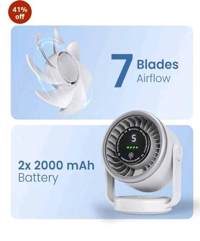 Portronics Toofan X Desk & Hanging Fan with Digital Display, 5 Speed Modes, Touch Control, 4000mAh Rechargeable Battery, 2500 RPM BLDC Motor, Type-C Charging, 7-Blade Airflow, Up to 6 Hours Runtime