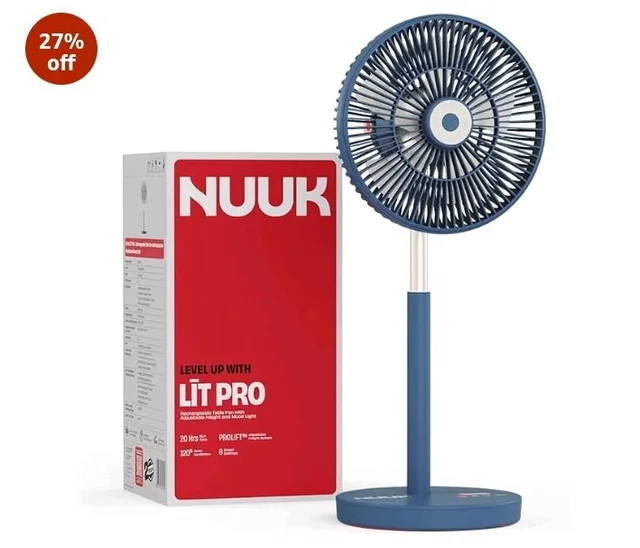NUUK LIT PRO Rechargeable Table Fan | 9 inch Wireless BLDC Fan | 8000 mAh | 20 hrs Runtime | 3 Mood Lights | Magnetic Remote | 120 Auto Oscillation | Super Silent | Type-C | 2 Yr Warranty
200+ bought in past month