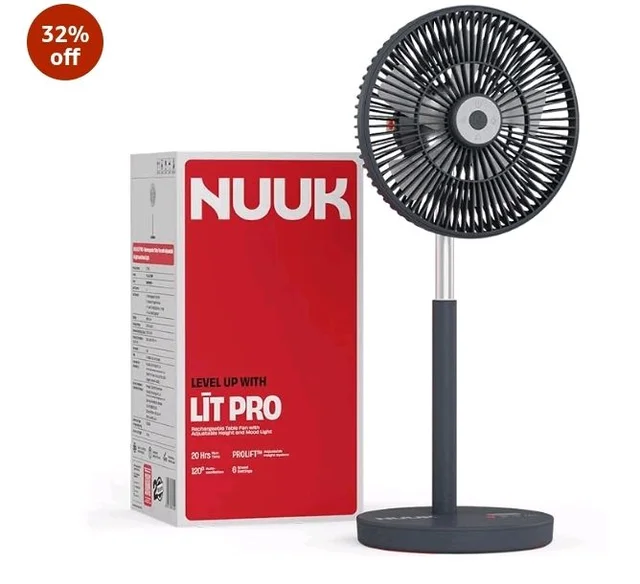 NUUK LIT PRO Rechargeable Table Fan | 9 inch Wireless BLDC Fan | 8000 mAh | 20 hrs Runtime | 3 Mood Lights | Magnetic Remote | 120 Auto Oscillation | Super Silent | Type-C | 2 Yr Warranty
32%
off