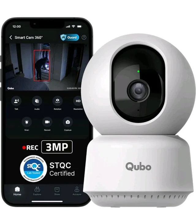 Qubo Smart Cam 360° 3MP | No SD Card Required, Records Directly on Cloud | 2026 Edition - by Hero Group | STQC Certified | AI Person Detection | Intruder Alarm | Night Vision | Two-Way Talk