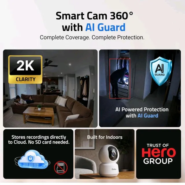 Qubo Smart Cam 360° 3MP | No SD Card Required, Records Directly on Cloud | 2026 Edition - by Hero Group | STQC Certified | AI Person Detection | Intruder Alarm | Night Vision | Two-Way Talk