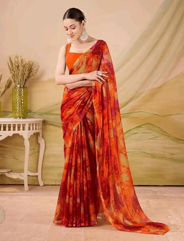 Garden Vareli Nara Chiffon Abstract Floral Print Saree