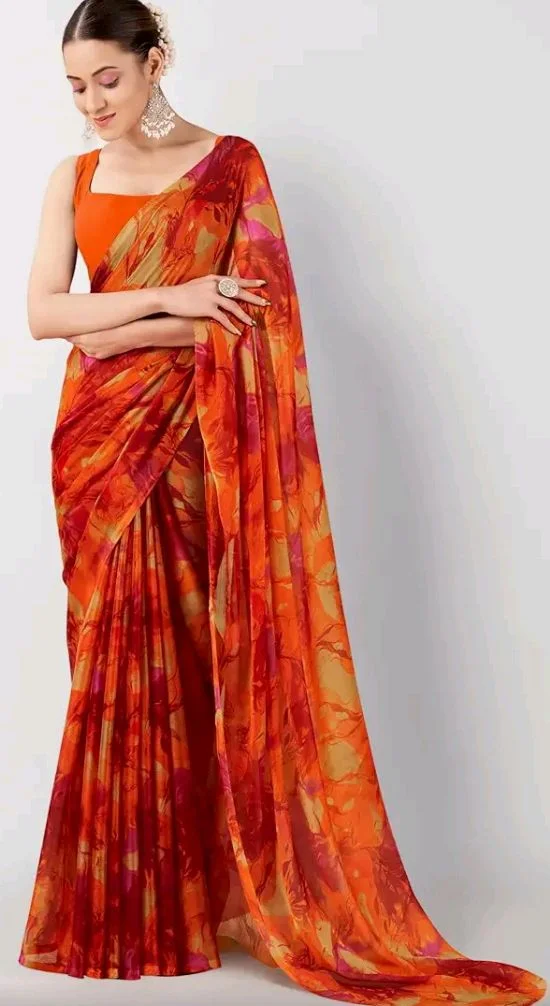 Garden Vareli Nara Chiffon Abstract Floral Print Saree