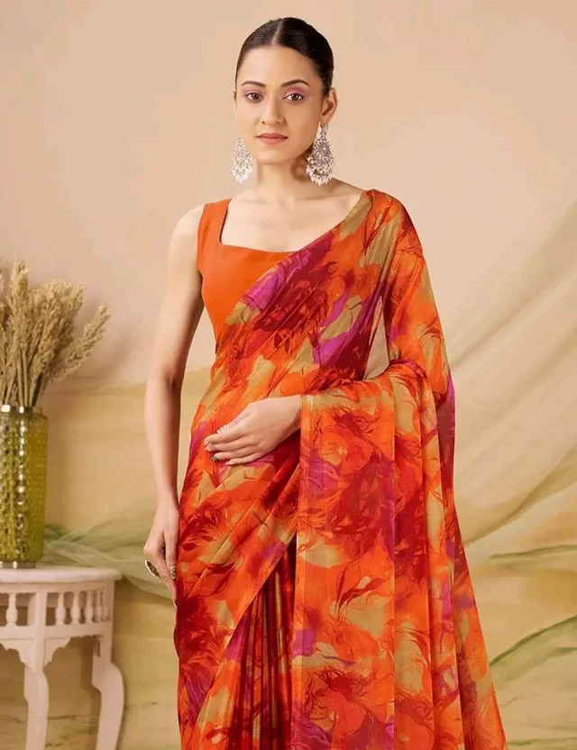 Garden Vareli Nara Chiffon Abstract Floral Print Saree