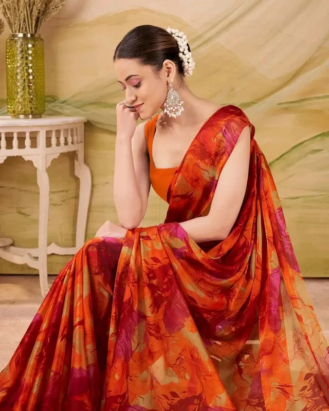 Garden Vareli Nara Chiffon Abstract Floral Print Saree