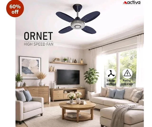 ACTIVA Ornet 600mm Ceiling Fan for Kitchen & Small Rooms | 4 Blade High Speed Fan | 850 RPM Powerful Air Delivery | Anti-Dust Coating | Energy Efficient Ceiling Fan | 2 Years Warranty | Silver Blue
2K+ bought in past month