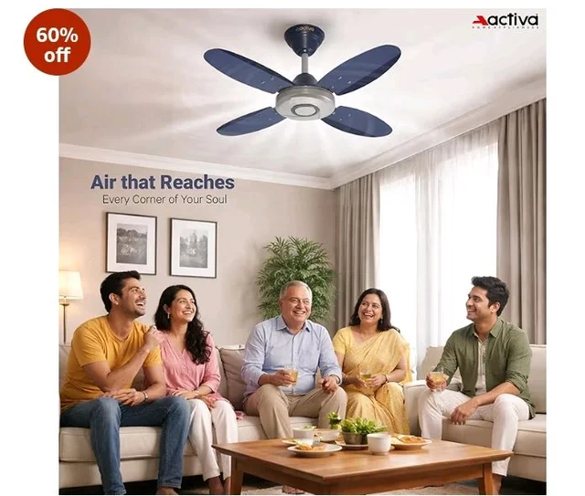 ACTIVA Ornet 600mm Ceiling Fan for Kitchen & Small Rooms | 4 Blade High Speed Fan | 850 RPM Powerful Air Delivery | Anti-Dust Coating | Energy Efficient Ceiling Fan | 2 Years Warranty | Silver Blue
2K+ bought in past month
