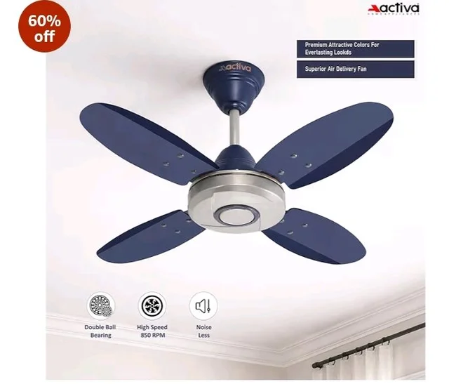 ACTIVA Ornet 600mm Ceiling Fan for Kitchen & Small Rooms | 4 Blade High Speed Fan | 850 RPM Powerful Air Delivery | Anti-Dust Coating | Energy Efficient Ceiling Fan | 2 Years Warranty | Silver Blue
2K+ bought in past month