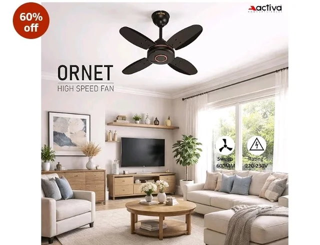 ACTIVA Ornet 600mm Ceiling Fan for Kitchen & Small Rooms | 4 Blade High Speed Fan | 850 RPM Powerful Air Delivery | Anti-Dust Coating | Energy Efficient Ceiling Fan | 2 Years Warranty | Smoke Brown