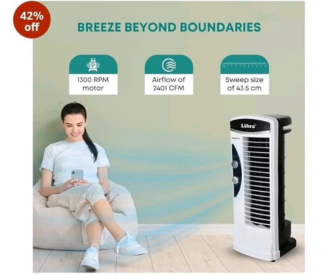 Libra coolX Tower Fan for Room | Electric Bladeless Indoor Standing Tower Fan with 3 Speeds | 2401 CFM Airflow | 43.5 CM Sweep Size for Room, Office & Home Use | White