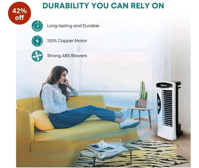 Libra coolX Tower Fan for Room | Electric Bladeless Indoor Standing Tower Fan with 3 Speeds | 2401 CFM Airflow | 43.5 CM Sweep Size for Room, Office & Home Use | White