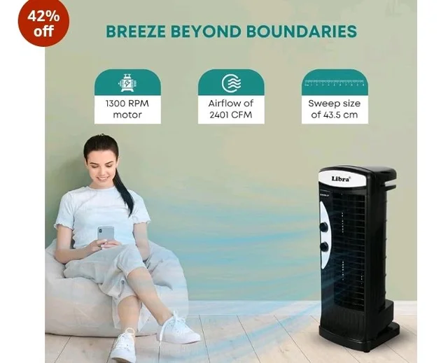 Libra coolX Tower Fan | Electric Standing Fan with 3 speeds | Bedroom, Indoor, Office & Home Use | Bladeless Fan With 2401 CFM | 43.5 CM Sweep Size for a Room Coverage(Black)