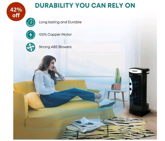 Libra coolX Tower Fan | Electric Standing Fan with 3 speeds | Bedroom, Indoor, Office & Home Use | Bladeless Fan With 2401 CFM | 43.5 CM Sweep Size for a Room Coverage(Black)