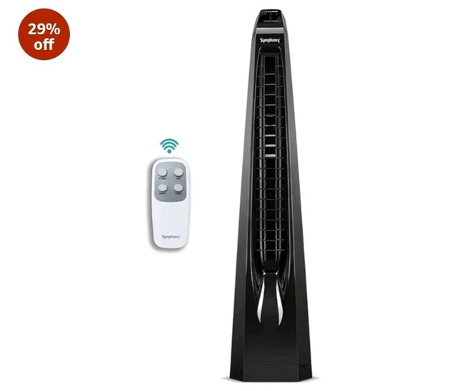 Symphony Surround B BLDC Bladeless Tower Fan For Room | Quiet & Energy-Saving with Remote Control | Touchscreen Control Panel | Low Power Consumption | 1 Year Warranty | Black