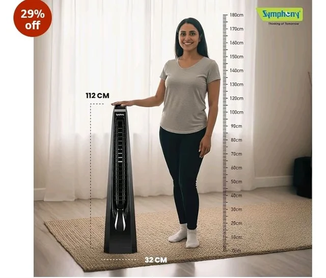 Symphony Surround B BLDC Bladeless Tower Fan For Room | Quiet & Energy-Saving with Remote Control | Touchscreen Control Panel | Low Power Consumption | 1 Year Warranty | Black