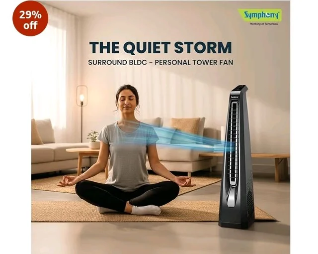 Symphony Surround B BLDC Bladeless Tower Fan For Room | Quiet & Energy-Saving with Remote Control | Touchscreen Control Panel | Low Power Consumption | 1 Year Warranty | Black