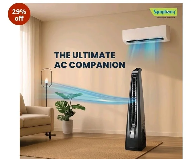 Symphony Surround B BLDC Bladeless Tower Fan For Room | Quiet & Energy-Saving with Remote Control | Touchscreen Control Panel | Low Power Consumption | 1 Year Warranty | Black