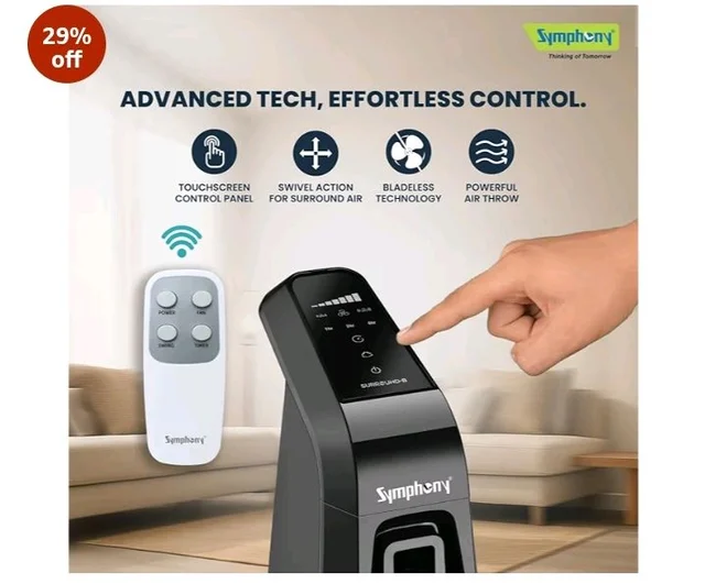 Symphony Surround B BLDC Bladeless Tower Fan For Room | Quiet & Energy-Saving with Remote Control | Touchscreen Control Panel | Low Power Consumption | 1 Year Warranty | Black