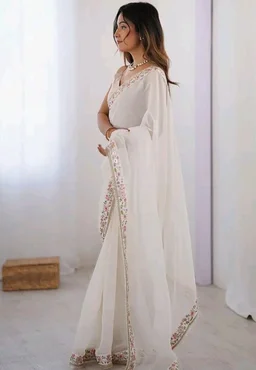 Women’s Off-White Embroidered Border Saree with UN-STITCHED Blouse