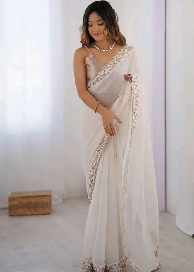 Women’s Off-White Embroidered Border Saree with UN-STITCHED Blouse