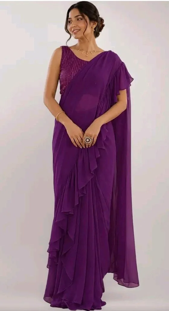 Chabri Bazar Ruffle Ready-to-Wear Georgette Saree with Sequin Blouse for Women | Designer Pre-Stitched Saree for Wedding & Festive Occasions Free Size