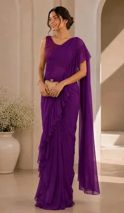 Chabri Bazar Ruffle Ready-to-Wear Georgette Saree with Sequin Blouse for Women | Designer Pre-Stitched Saree for Wedding & Festive Occasions Free Size