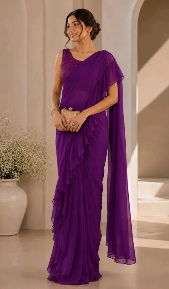 Chabri Bazar Ruffle Ready-to-Wear Georgette Saree with Sequin Blouse for Women | Designer Pre-Stitched Saree for Wedding & Festive Occasions Free Size