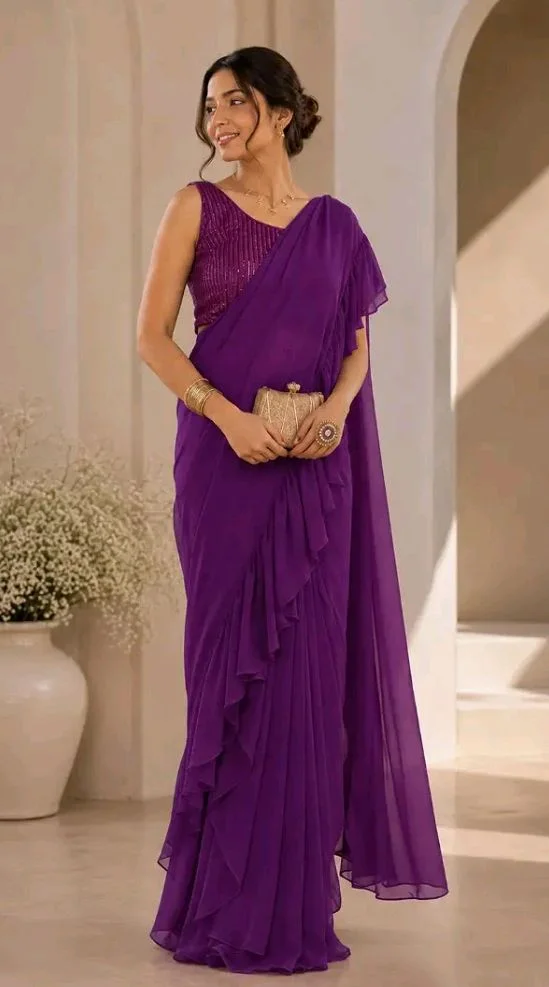 Chabri Bazar Ruffle Ready-to-Wear Georgette Saree with Sequin Blouse for Women | Designer Pre-Stitched Saree for Wedding & Festive Occasions Free Size