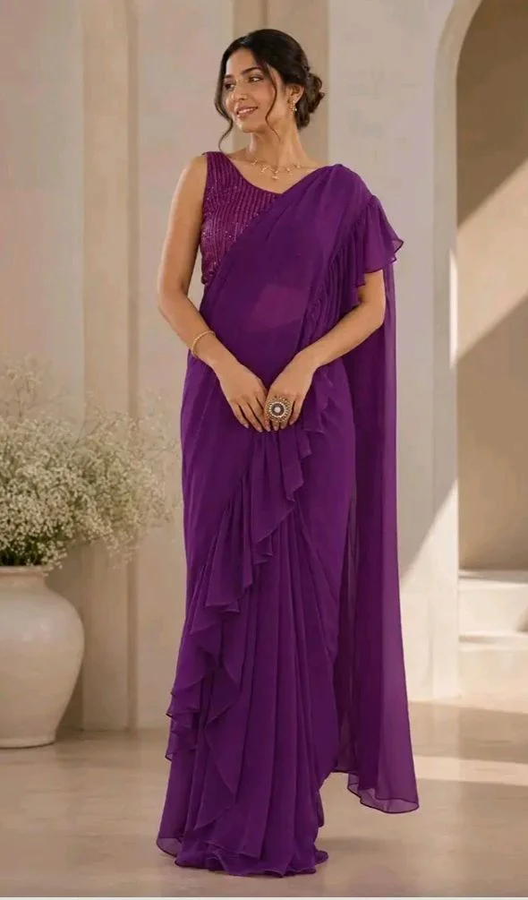 Chabri Bazar Ruffle Ready-to-Wear Georgette Saree with Sequin Blouse for Women | Designer Pre-Stitched Saree for Wedding & Festive Occasions Free Size