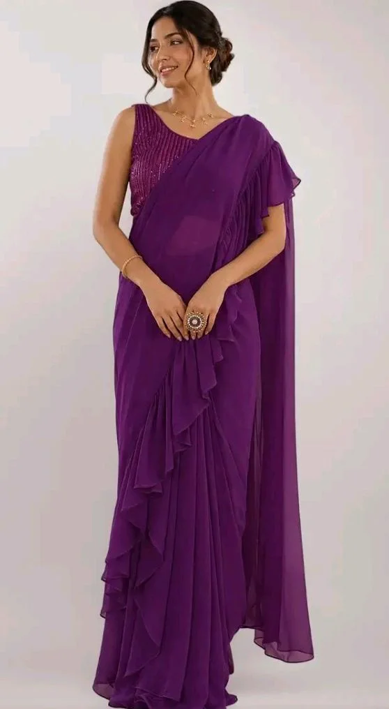 Chabri Bazar Ruffle Ready-to-Wear Georgette Saree with Sequin Blouse for Women | Designer Pre-Stitched Saree for Wedding & Festive Occasions Free Size