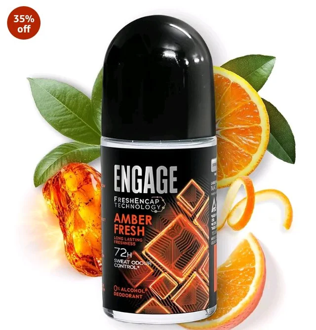 Engage Amber Fresh Underarm Roll On for Man|72 Hour Sweat & Odour Protection|Advanced Antiperspirant Deodorant Formula| FreshEncap Technology|0% Alcohol|Non Sticky Deo|Dermatologically tested|50ml