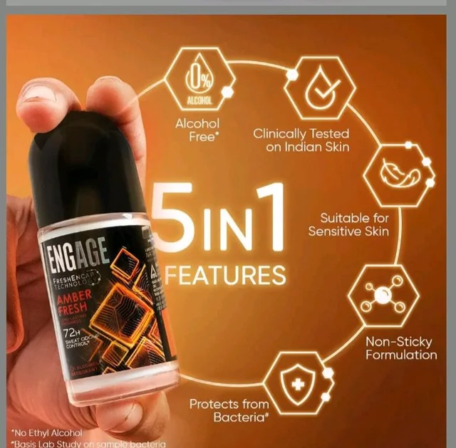 Engage Amber Fresh Underarm Roll On for Man|72 Hour Sweat & Odour Protection|Advanced Antiperspirant Deodorant Formula| FreshEncap Technology|0% Alcohol|Non Sticky Deo|Dermatologically tested|50ml