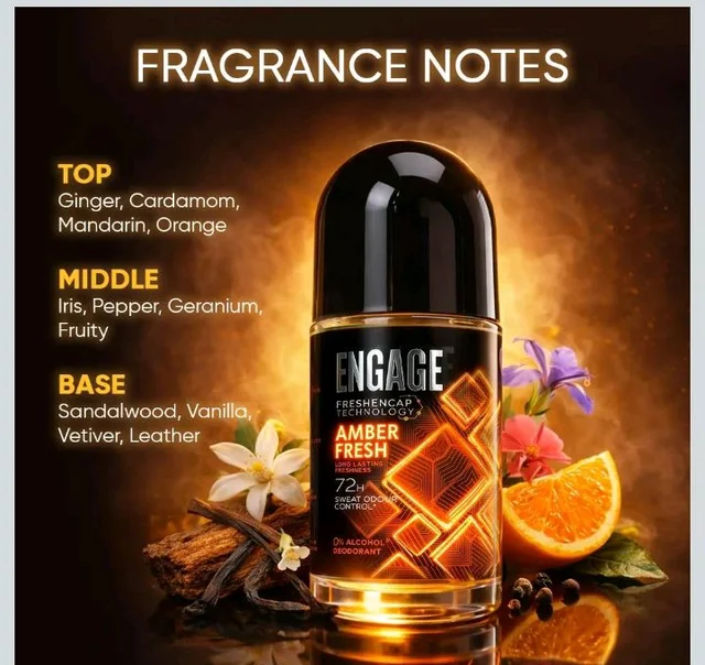 Engage Amber Fresh Underarm Roll On for Man|72 Hour Sweat & Odour Protection|Advanced Antiperspirant Deodorant Formula| FreshEncap Technology|0% Alcohol|Non Sticky Deo|Dermatologically tested|50ml