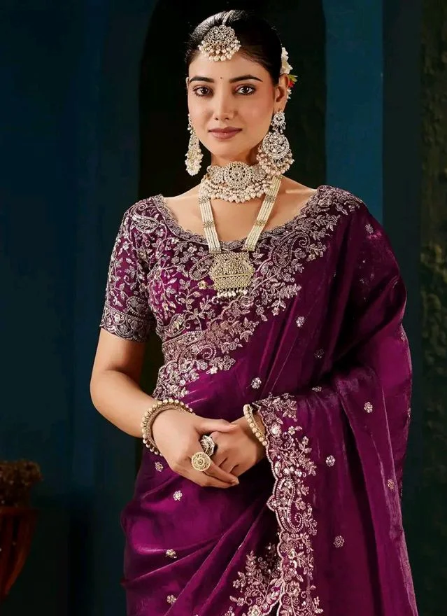 DHARMEE Women's Silk Saree with Embroidered Blouse Piece, Traditional Parte Wear with Gold Border and Hand Work Lace Embellished, Solid/Plain, Applique, Woven, Bollywood Jimmy Jimmy, Satin Saree
