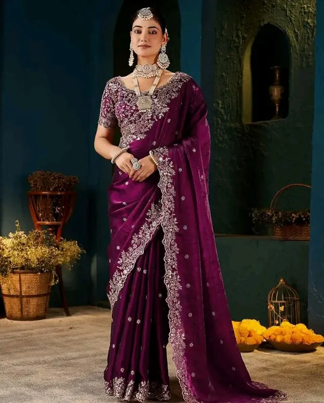 DHARMEE Women's Silk Saree with Embroidered Blouse Piece, Traditional Parte Wear with Gold Border and Hand Work Lace Embellished, Solid/Plain, Applique, Woven, Bollywood Jimmy Jimmy, Satin Saree